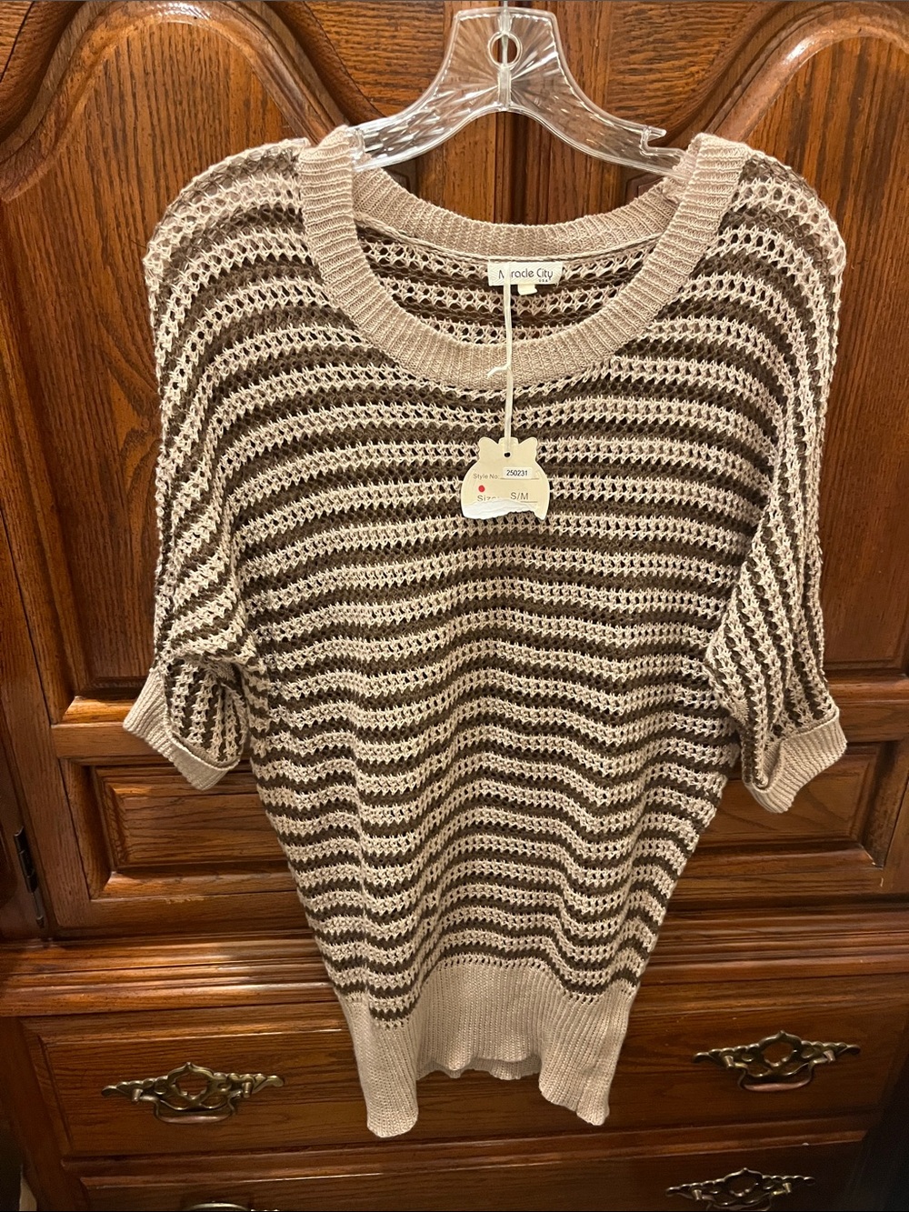 A. Rocket City Women's Beige & Brown Striped Open-Knit Scoop Sweater